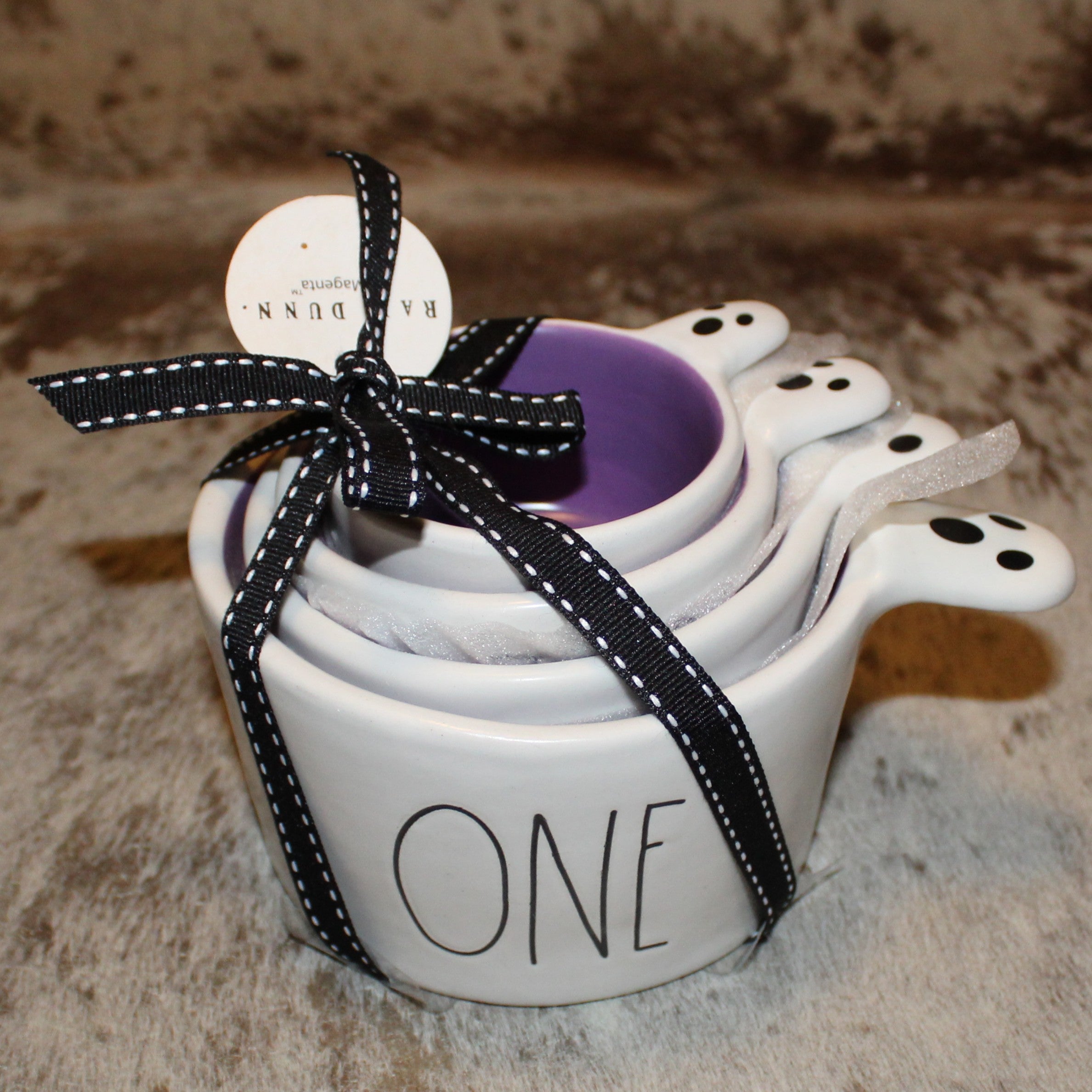 Rae Dunn Ghost Handle White with Purple Inside Halloween Measuring Cup Set
