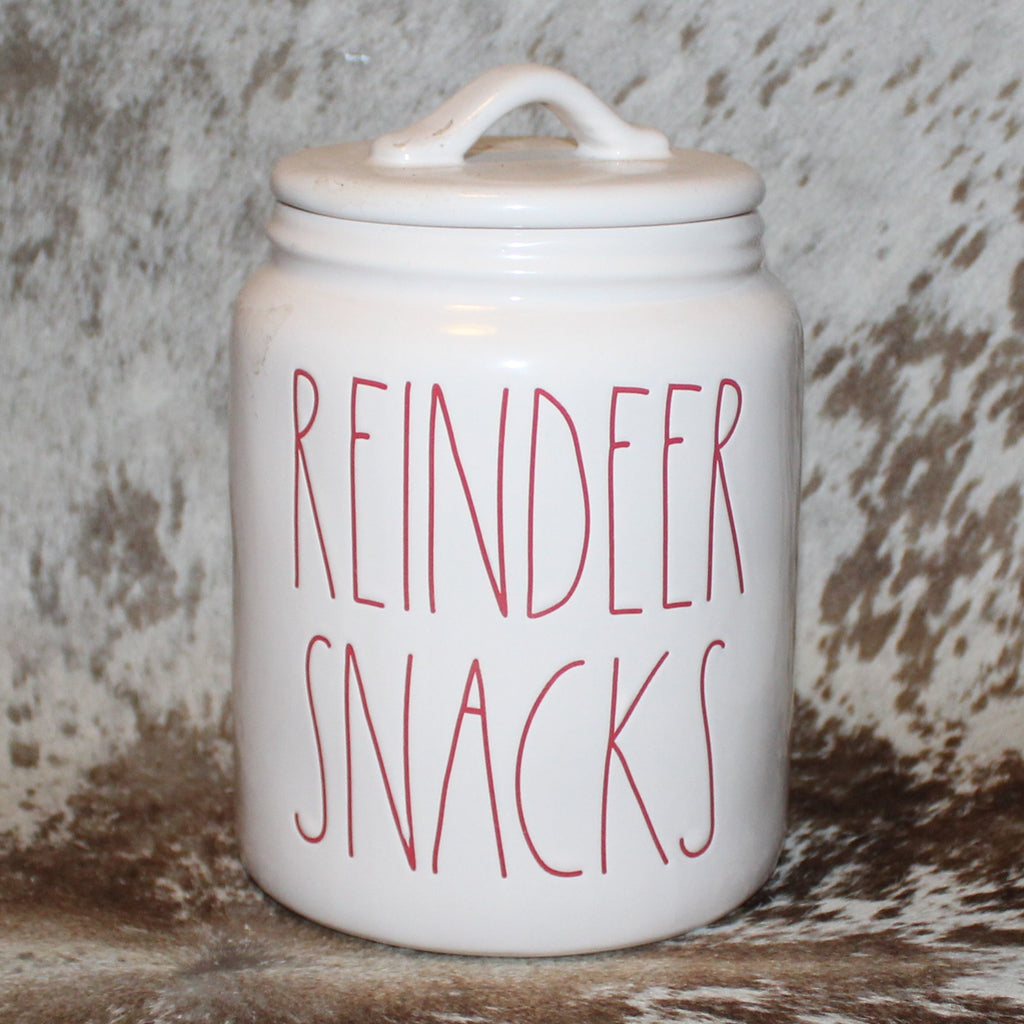 Rae Dunn REINDEER SNACKS White Large Canister with Flat Lid