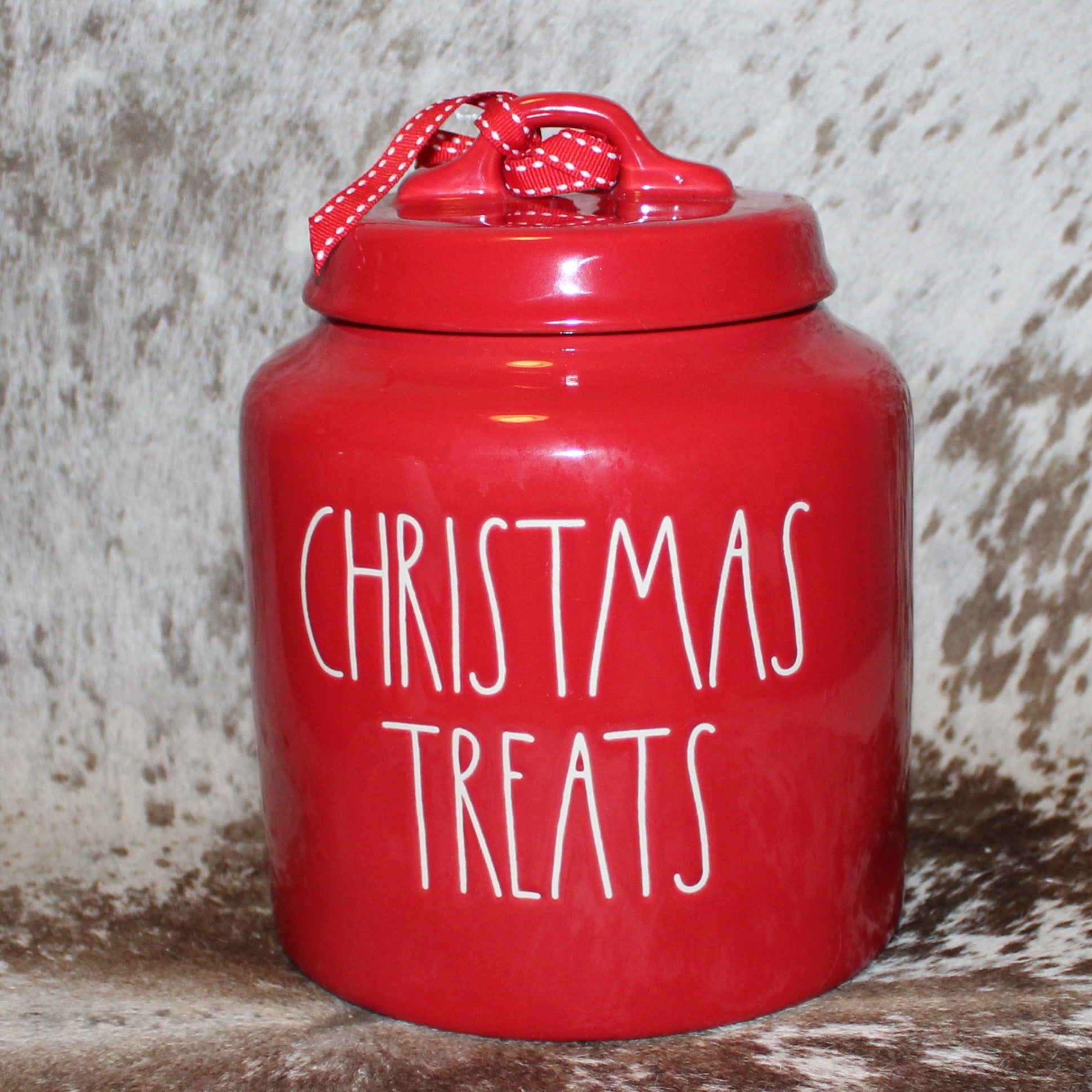 Rae Dunn CHRISTMAS TREATS Red Chubby Canister with Lid