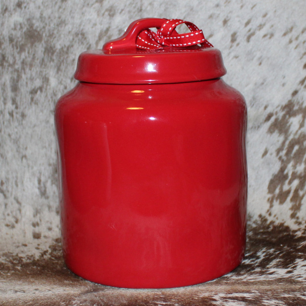 Rae Dunn CHRISTMAS TREATS Red Chubby Canister with Lid