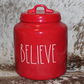 Rae Dunn BELIEVE Red Chubby Canister with Lid