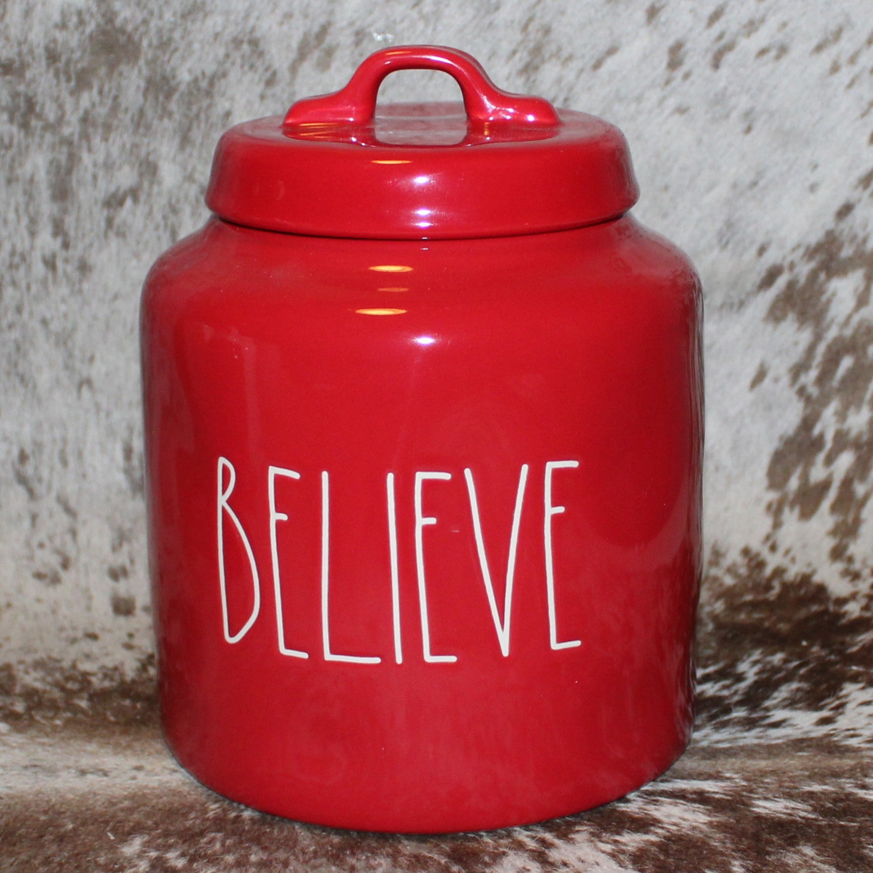 Rae Dunn BELIEVE Red Chubby Canister with Lid