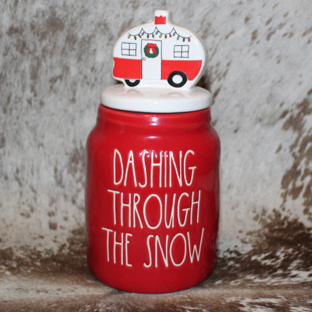 Rae Dunn DASHING THROUGH THE SNOW Red Baby Canister with RV White Flat Lid
