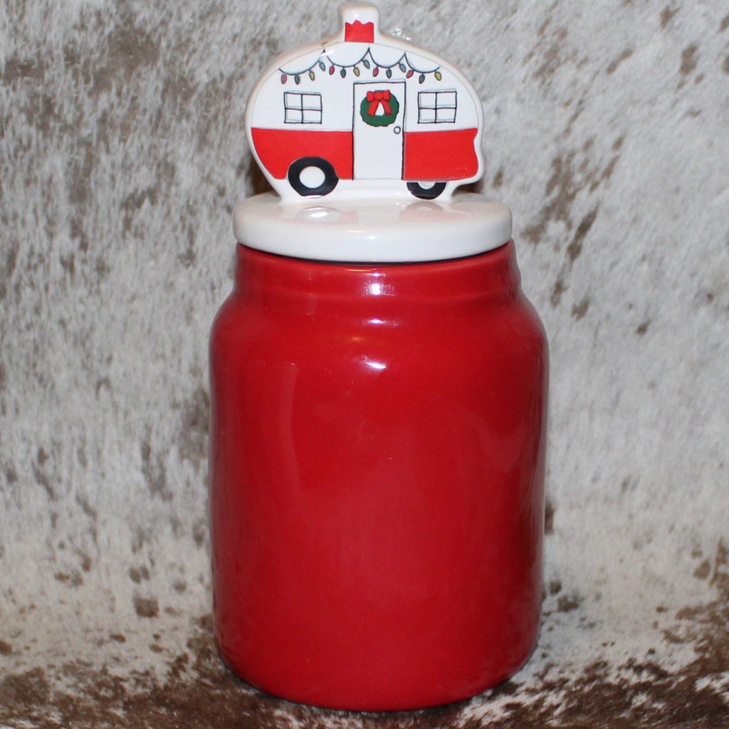 Rae Dunn DASHING THROUGH THE SNOW Red Baby Canister with RV White Flat Lid