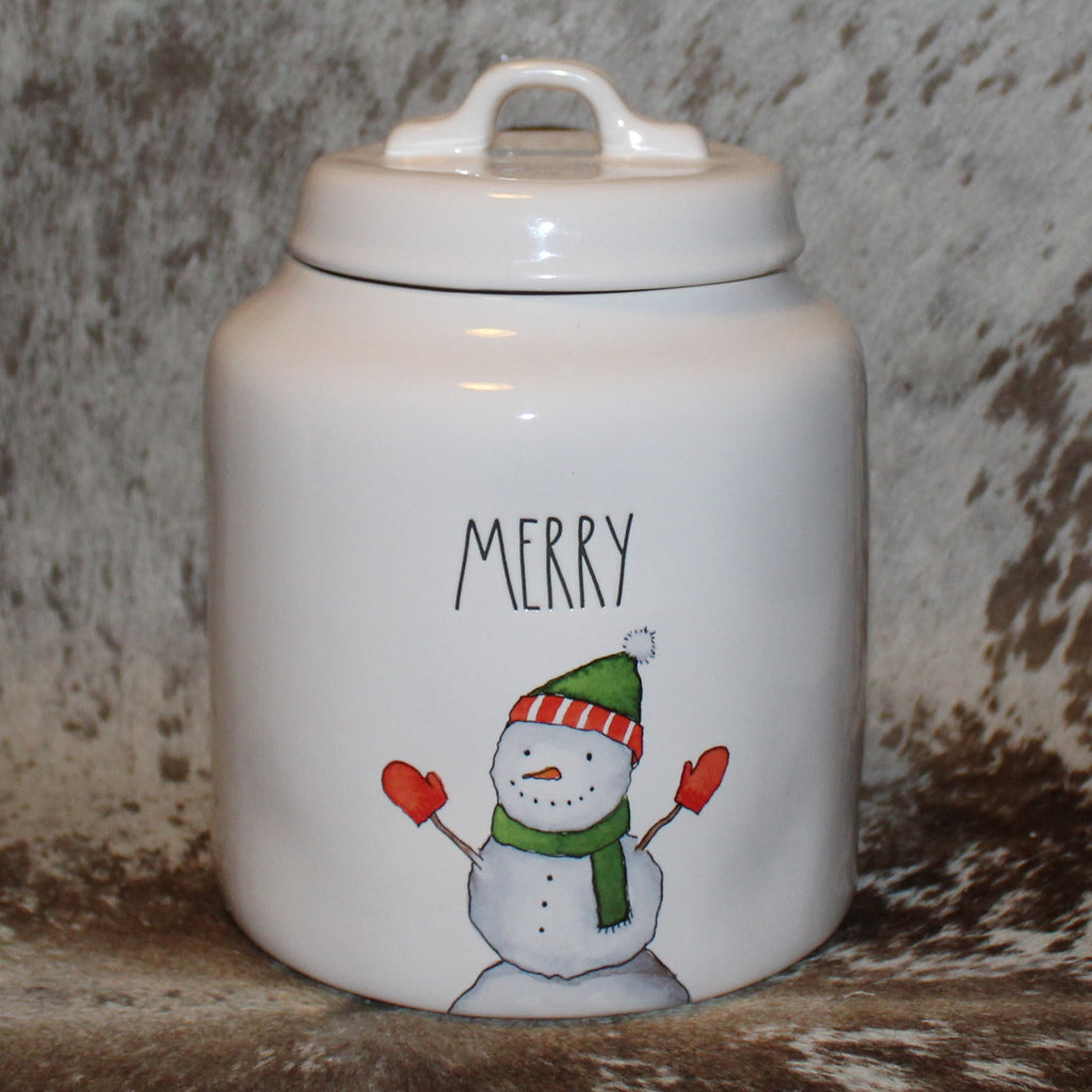Rae Dunn MERRY Snowman White Chubby Canister with Lid
