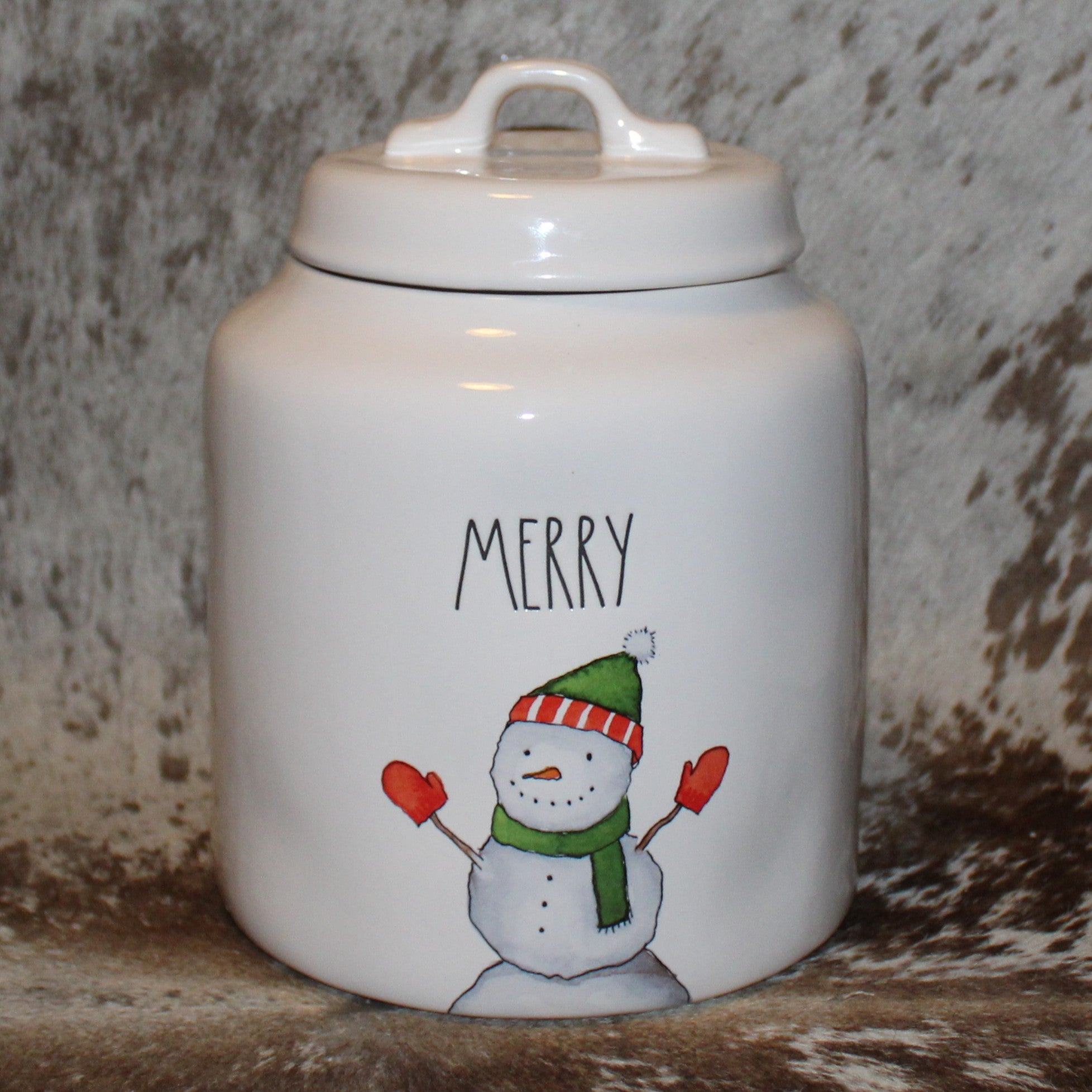 Rae Dunn MERRY Snowman White Chubby Canister with Lid