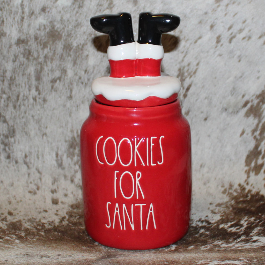 Rae Dunn COOKIES FOR SANTA Red Baby Canister with Santa's Feet Topper