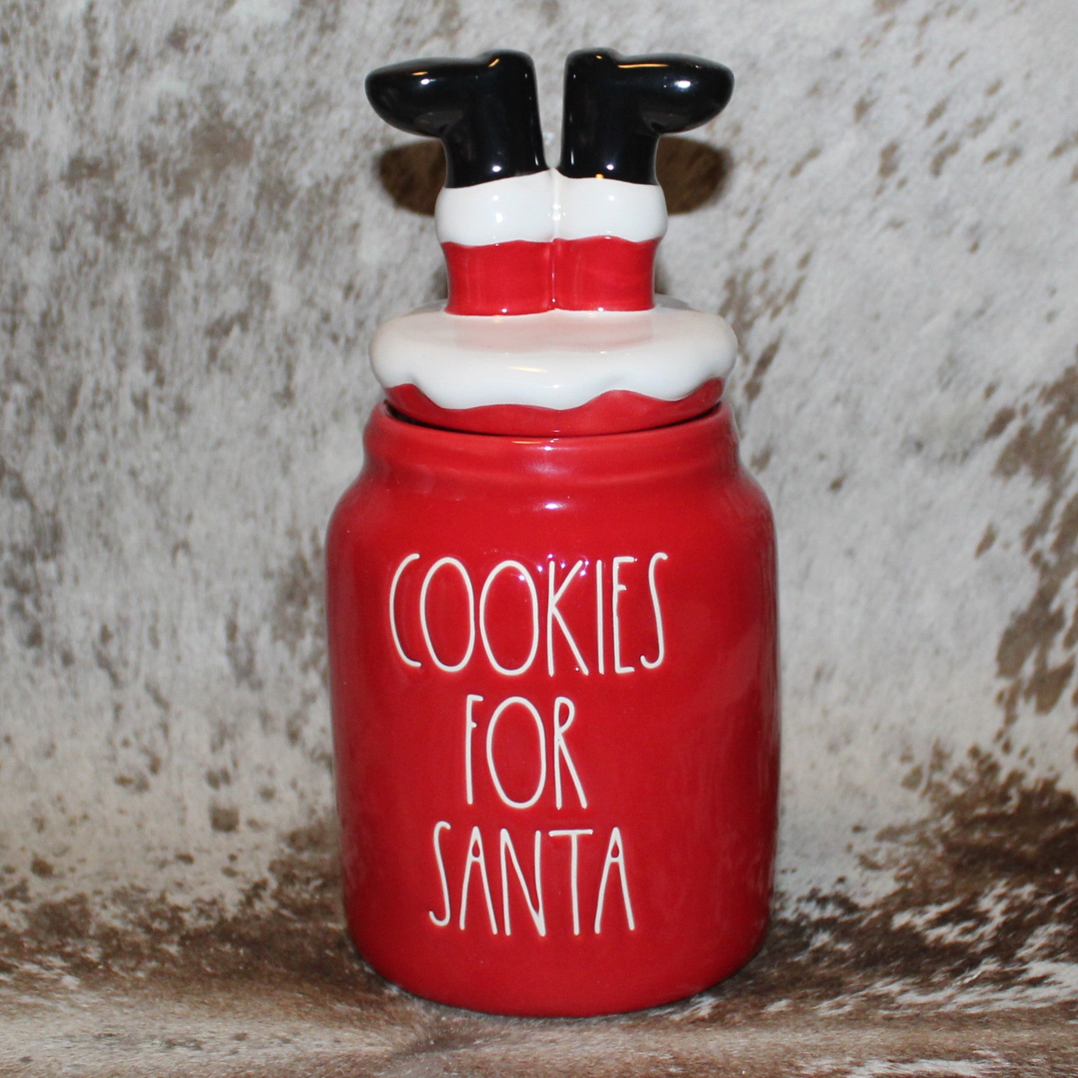 Rae Dunn COOKIES FOR SANTA Red Baby Canister with Santa's Feet Topper