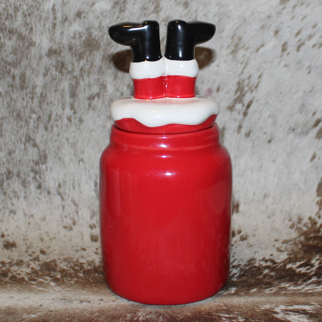 Rae Dunn COOKIES FOR SANTA Red Baby Canister with Santa's Feet Topper