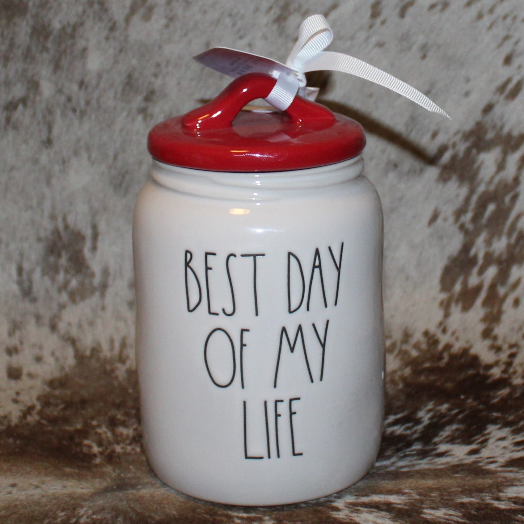 Rae Dunn BEST DAY OF MY LIFE Olaf Frozen White Baby Canister with Red Flat Lid