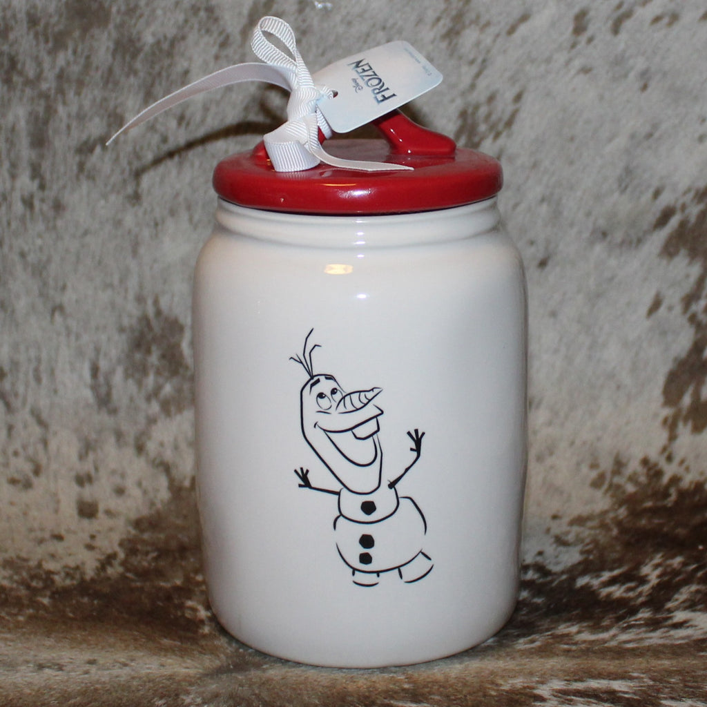 Rae Dunn BEST DAY OF MY LIFE Olaf Frozen White Baby Canister with Red Flat Lid