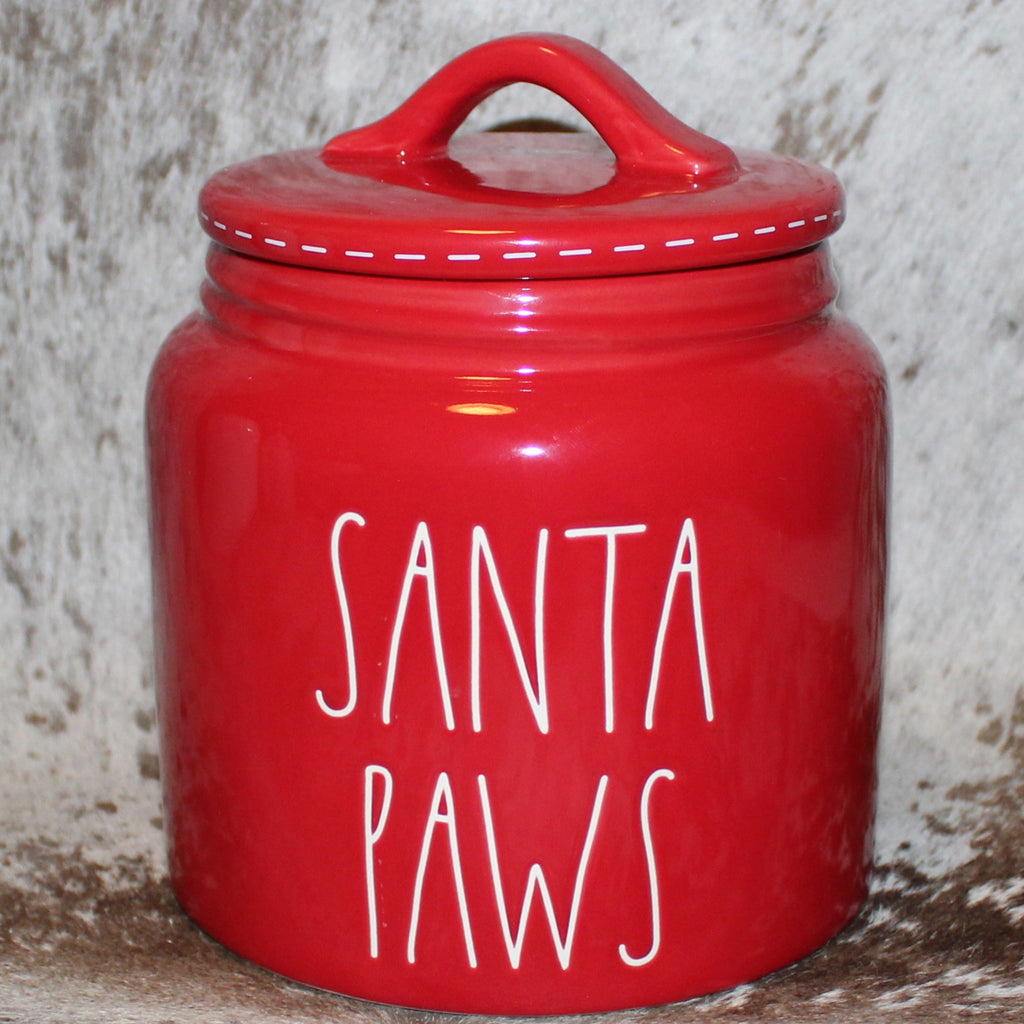 Rae Dunn SANTA PAWS Red Small Chubby Canister with Flat Lid