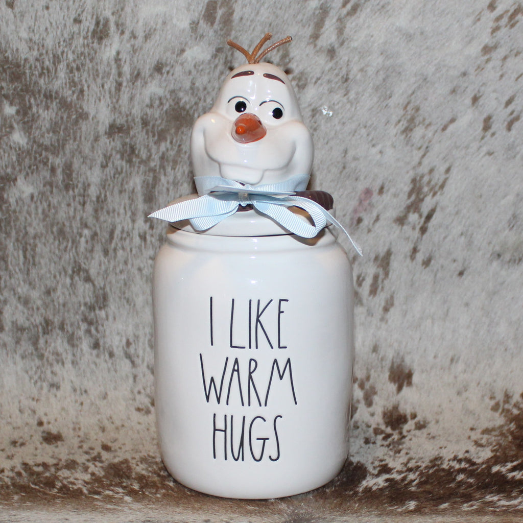 Rae Dunn I LIKE WARM HUGS White Baby Canister with Olaf Frozen Topper