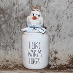 Rae Dunn I LIKE WARM HUGS White Baby Canister with Olaf Frozen Topper