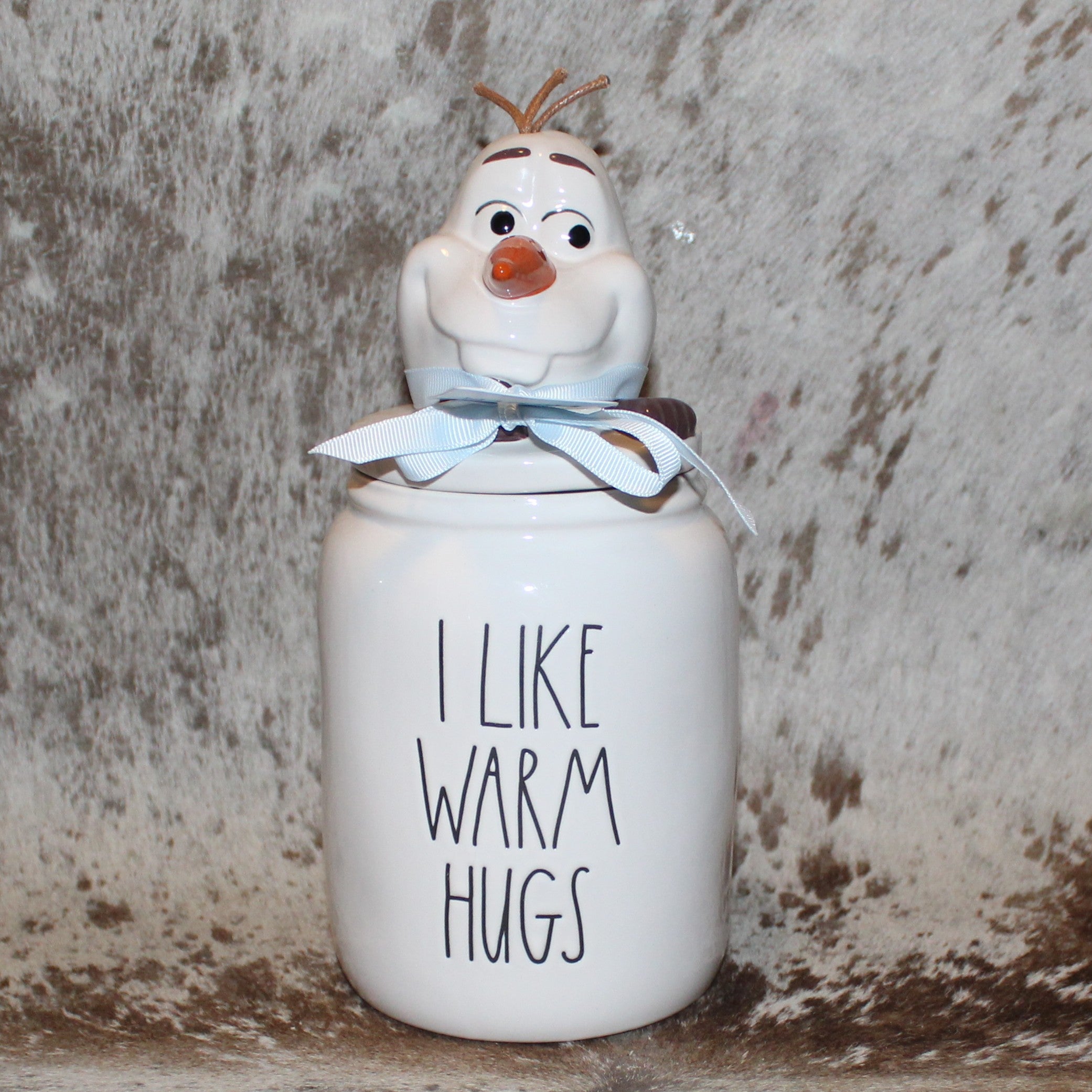 Rae Dunn I LIKE WARM HUGS White Baby Canister with Olaf Frozen Topper