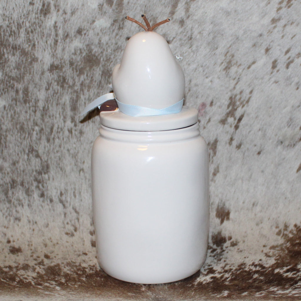 Rae Dunn I LIKE WARM HUGS White Baby Canister with Olaf Frozen Topper