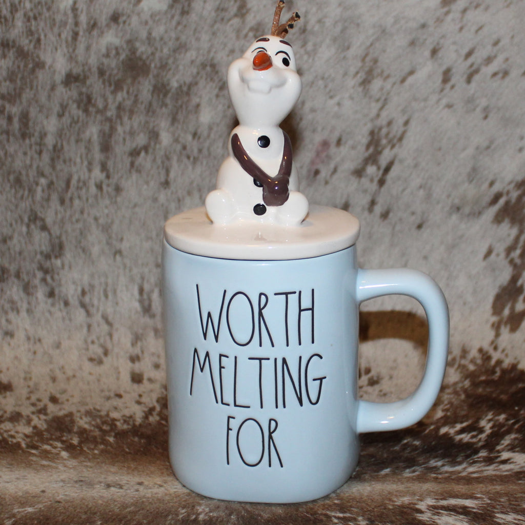 Rae Dunn WORTH MELTING FOR Baby Blue Mug with Olaf Frozen Topper