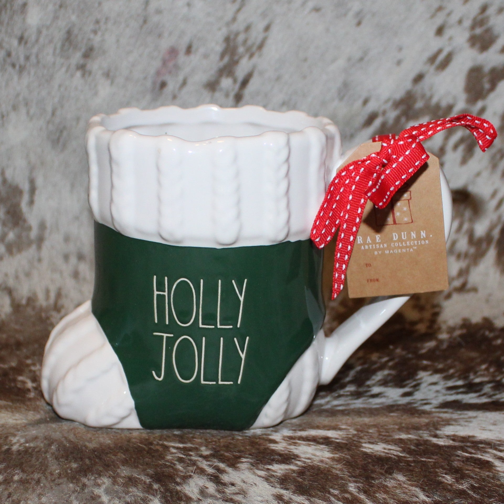 Rae Dunn HOLLY JOLLY Green and White Boot Mug