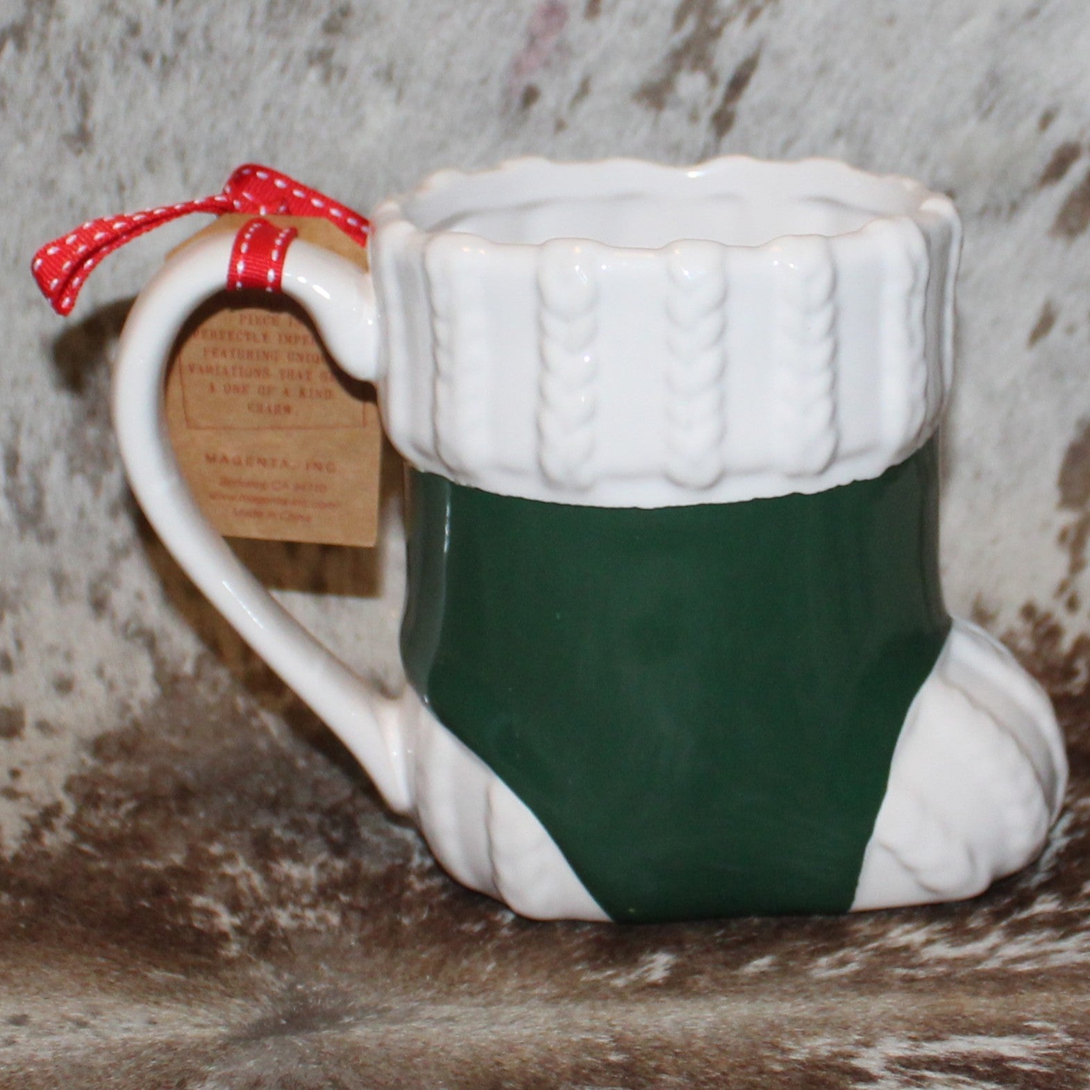 Rae Dunn HOLLY JOLLY Green and White Boot Mug