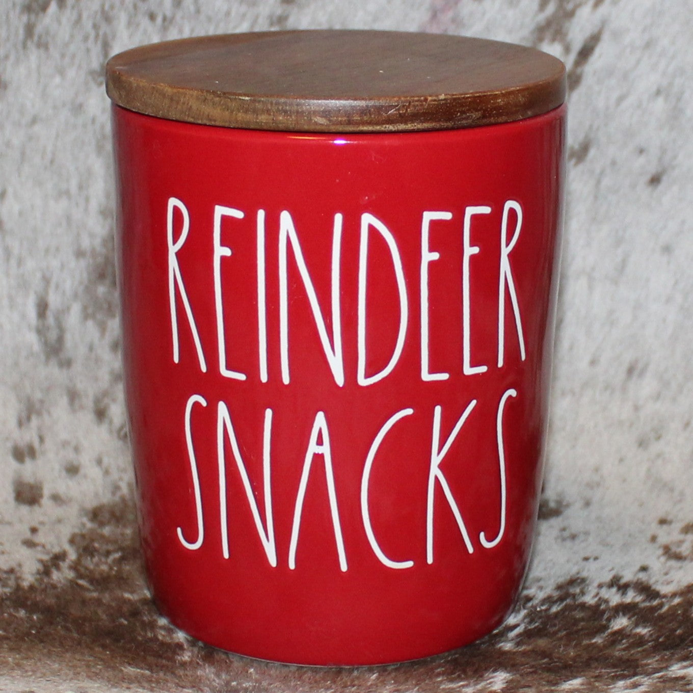 Rae Dunn REINDEER SNACKS Red Baby Cellar with Wood Lid