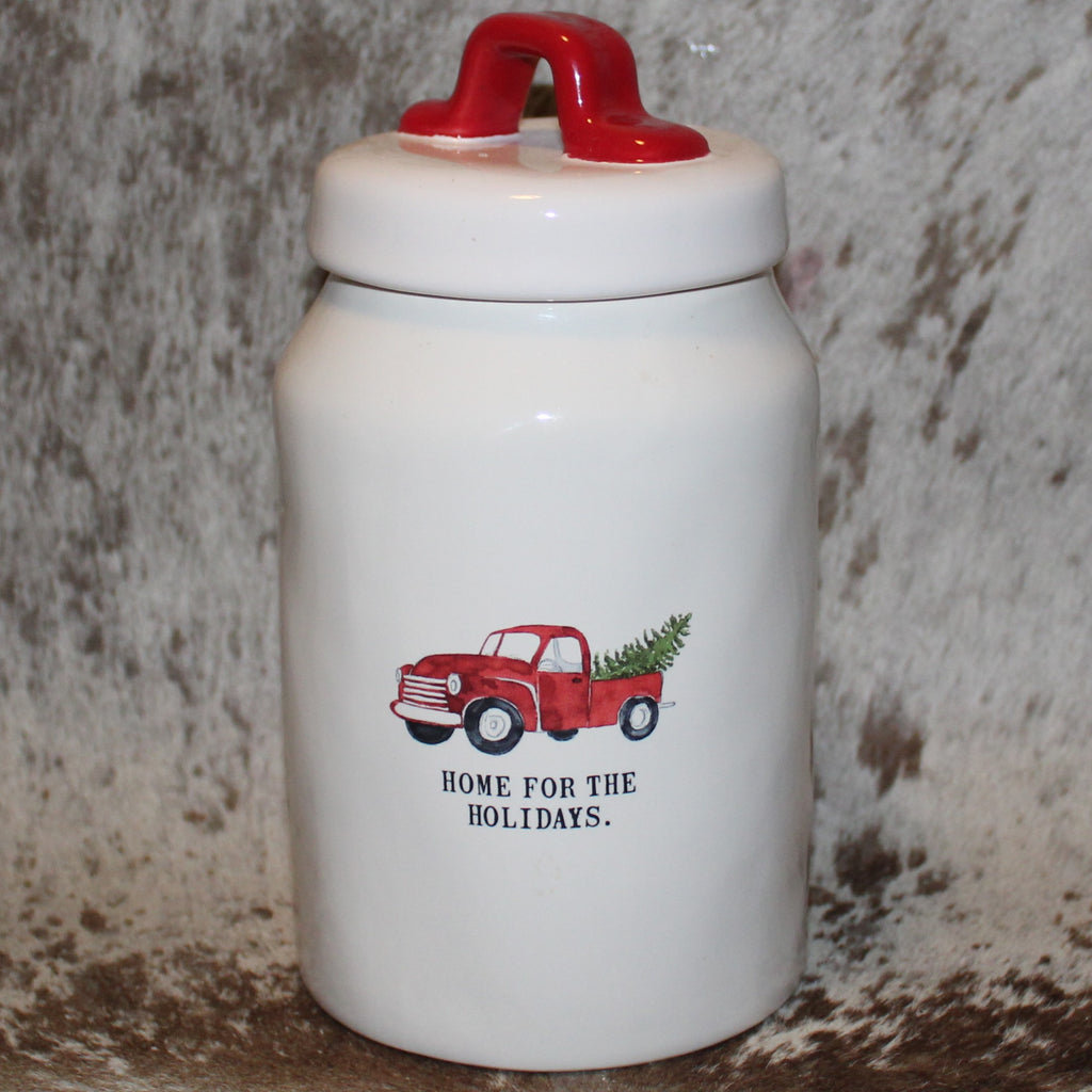 Rae Dunn HOME FOR THE HOLIDAYS White Canister with Red Truck