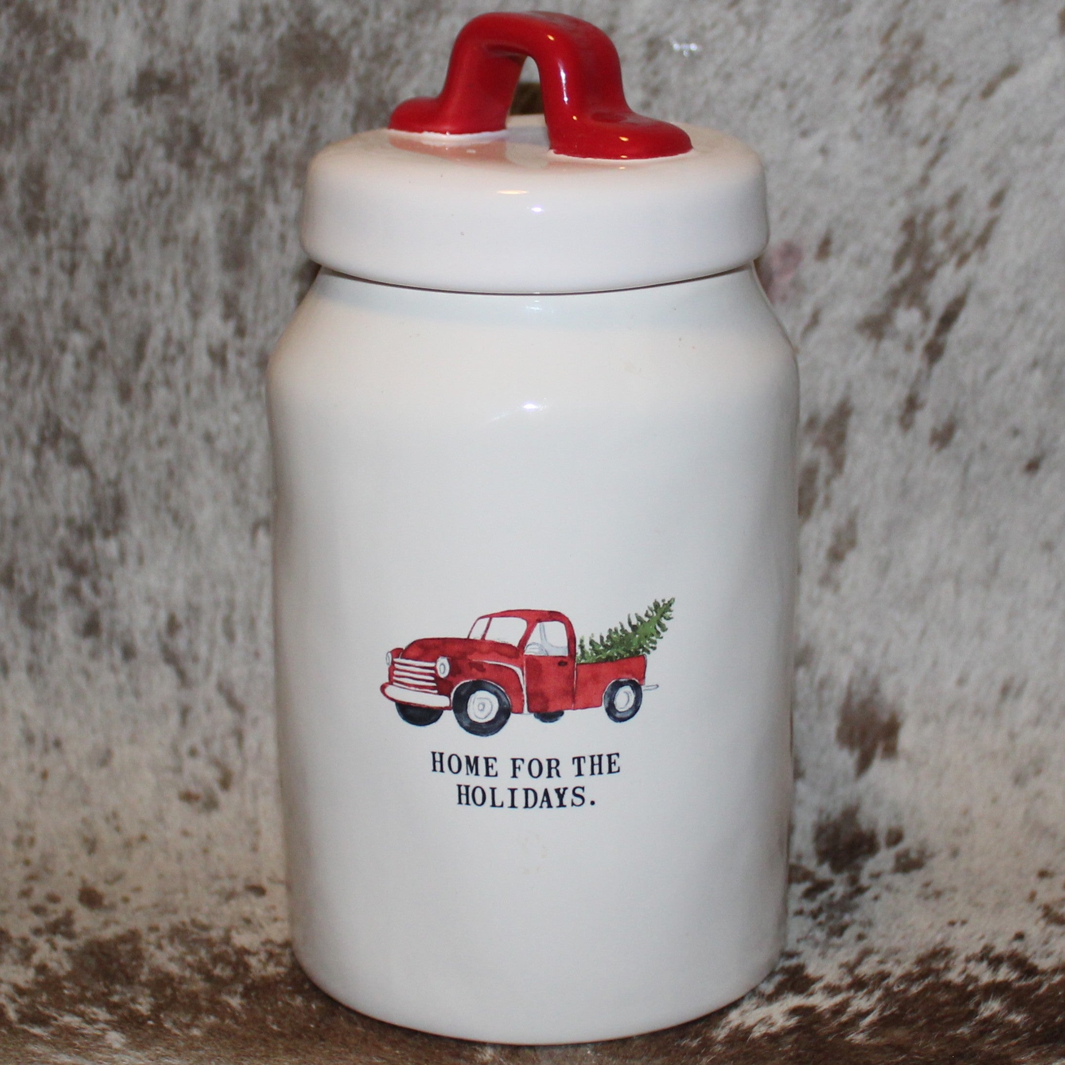 Rae Dunn HOME FOR THE HOLIDAYS White Canister with Red Truck