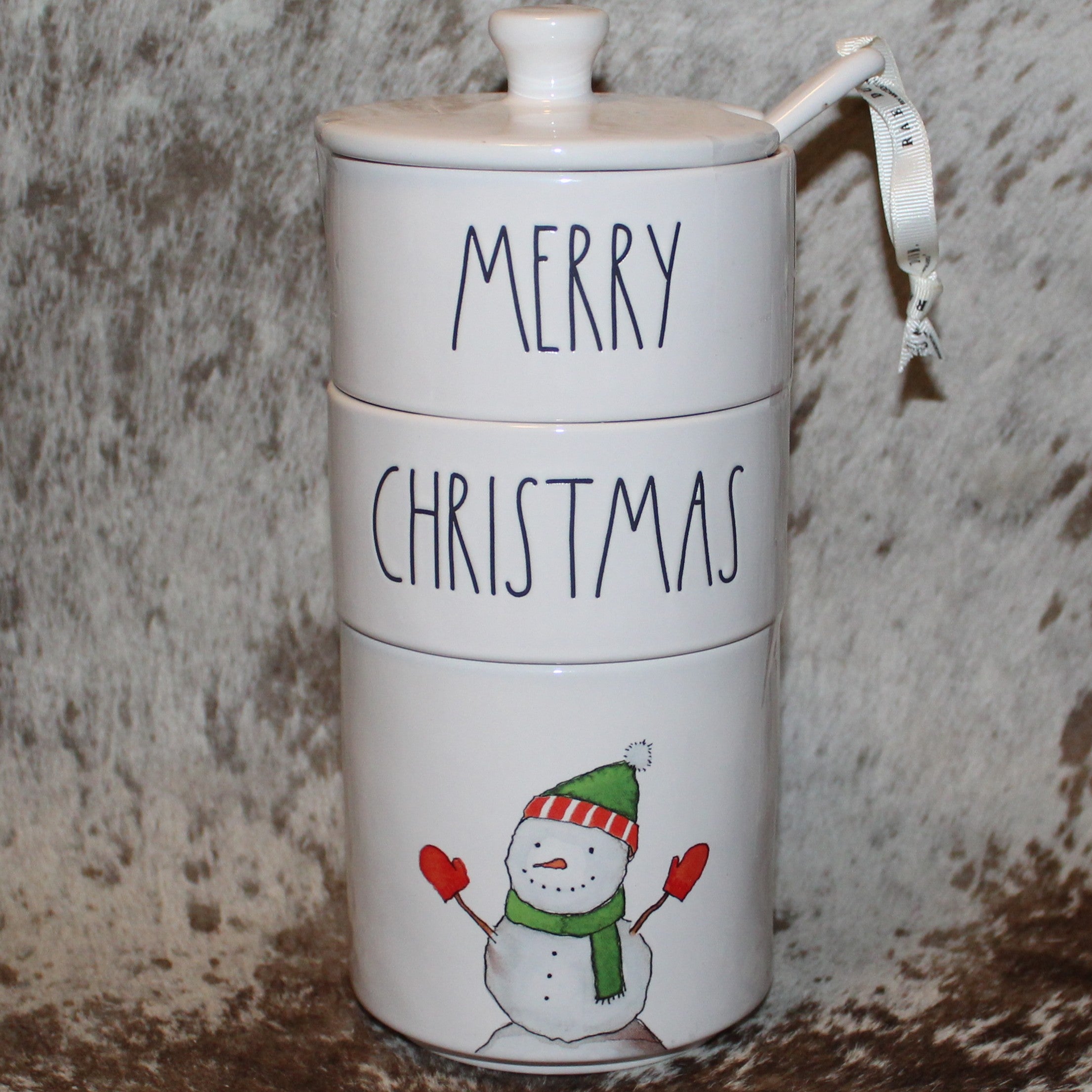 Rae Dunn MERRY CHRISTMAS with a Snowman Stackable Set with Ceramic Spoon