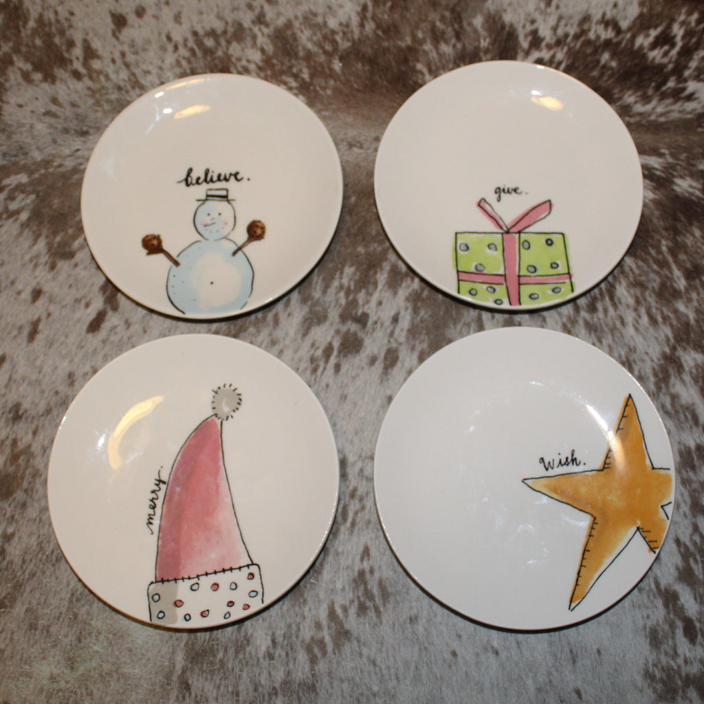 Rae Dunn Give Believe Noel Wish Set of 4 Small Christmas Plates with Designs