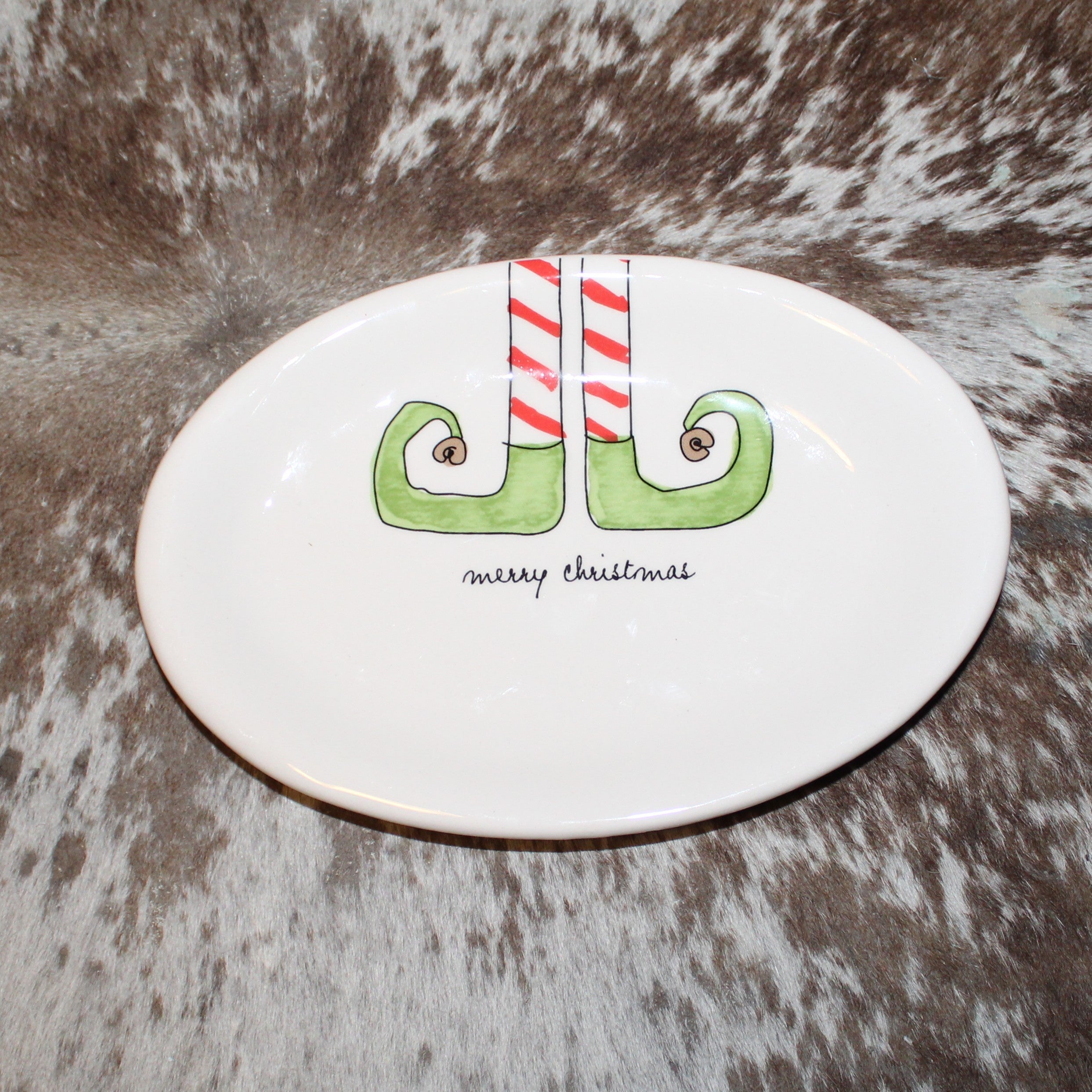 Rae Dunn merry christmas Elf Feet M Stamp Oval Plate Plate