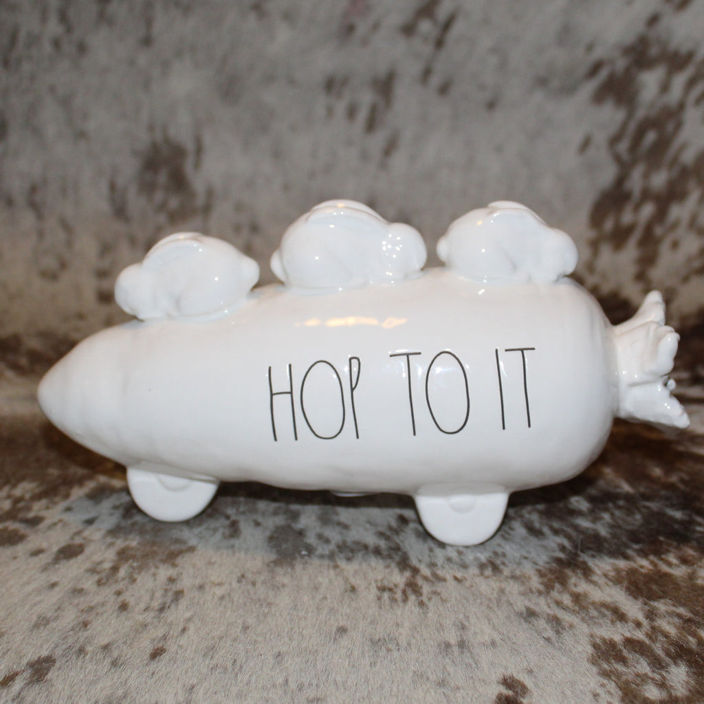 Rae Dunn HOP TO IT White Carrot Figurine with 3 Bunnies on Top