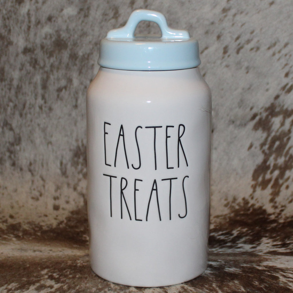 Rae Dunn EASTER TREATS Tall White Canister with Baby Blue Lid