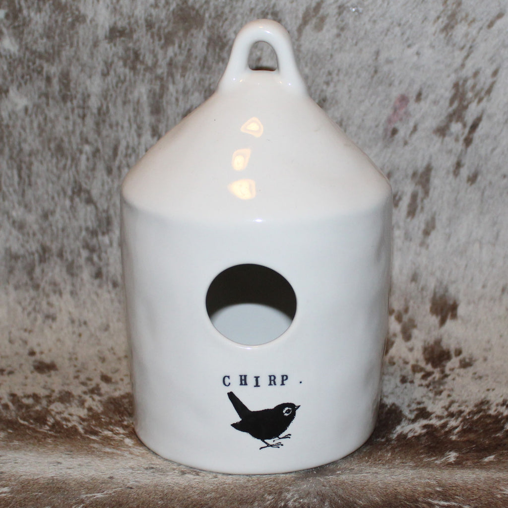 Rae Dunn CHIRP White Birdhouse with Bird on Front and Bird on limb on Back