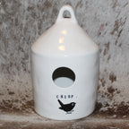 Rae Dunn CHIRP White Birdhouse with Bird on Front and Bird on limb on Back