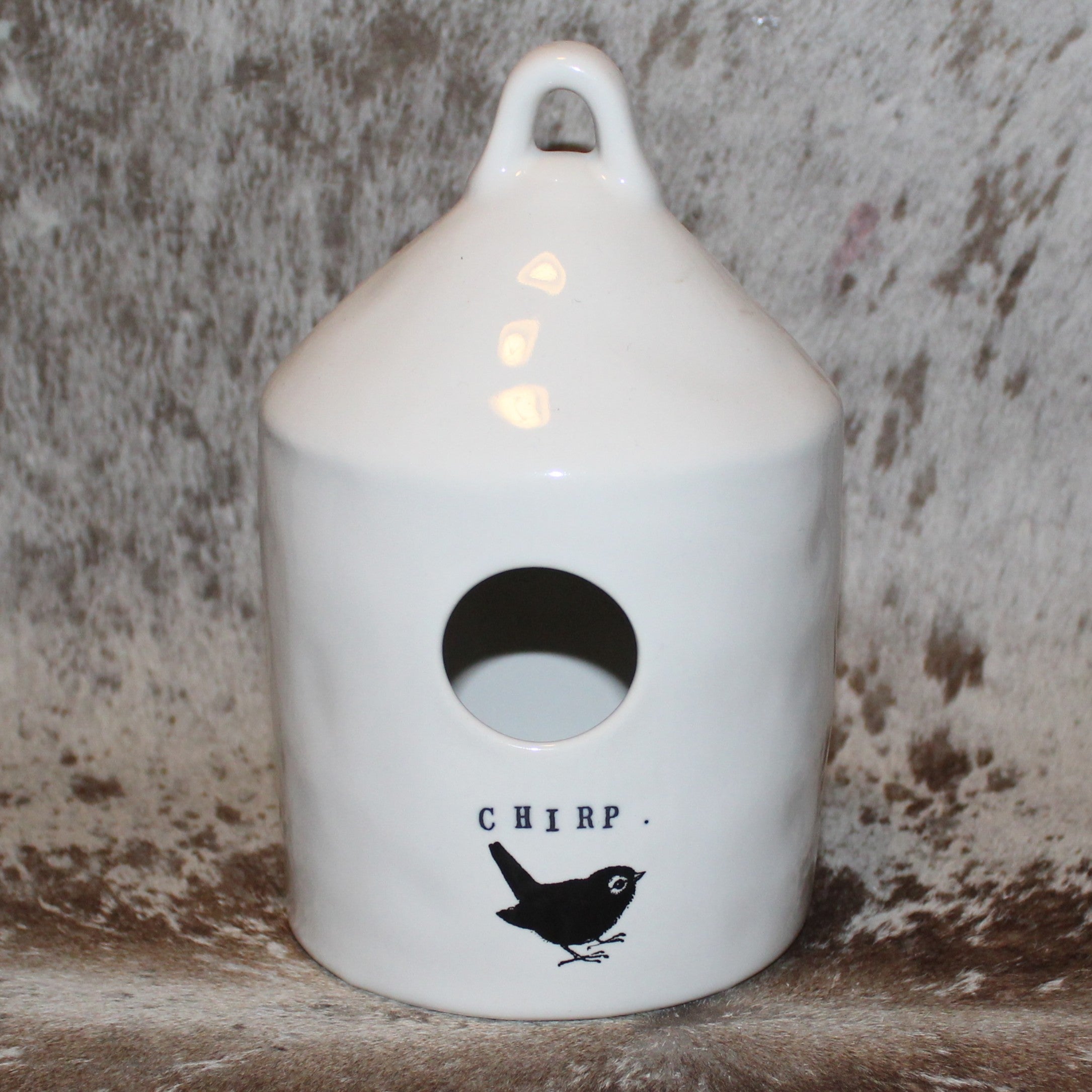 Rae Dunn CHIRP White Birdhouse with Bird on Front and Bird on limb on Back