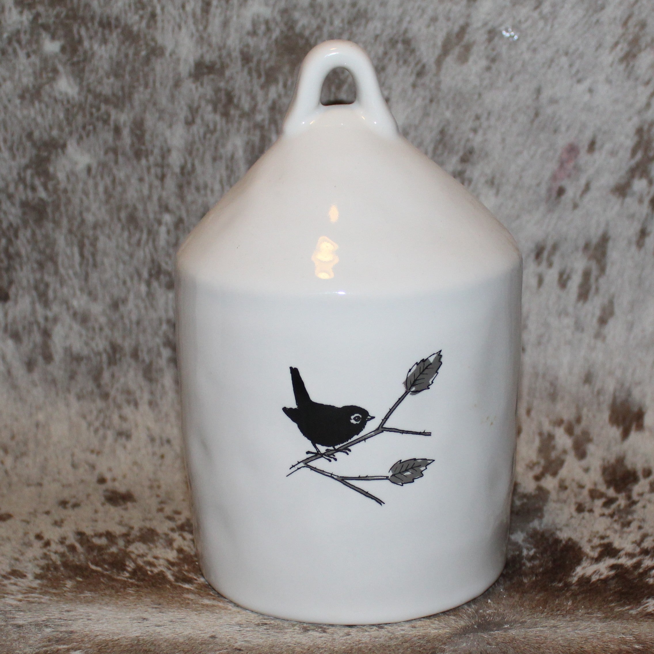 Rae Dunn CHIRP White Birdhouse with Bird on Front and Bird on limb on Back