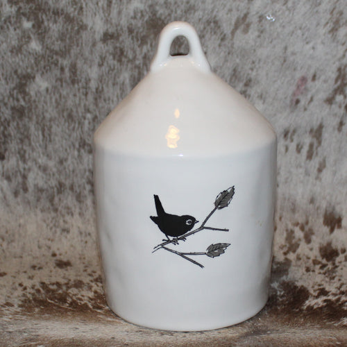 Rae Dunn CHIRP White Birdhouse with Bird on Front and Bird on limb on Back