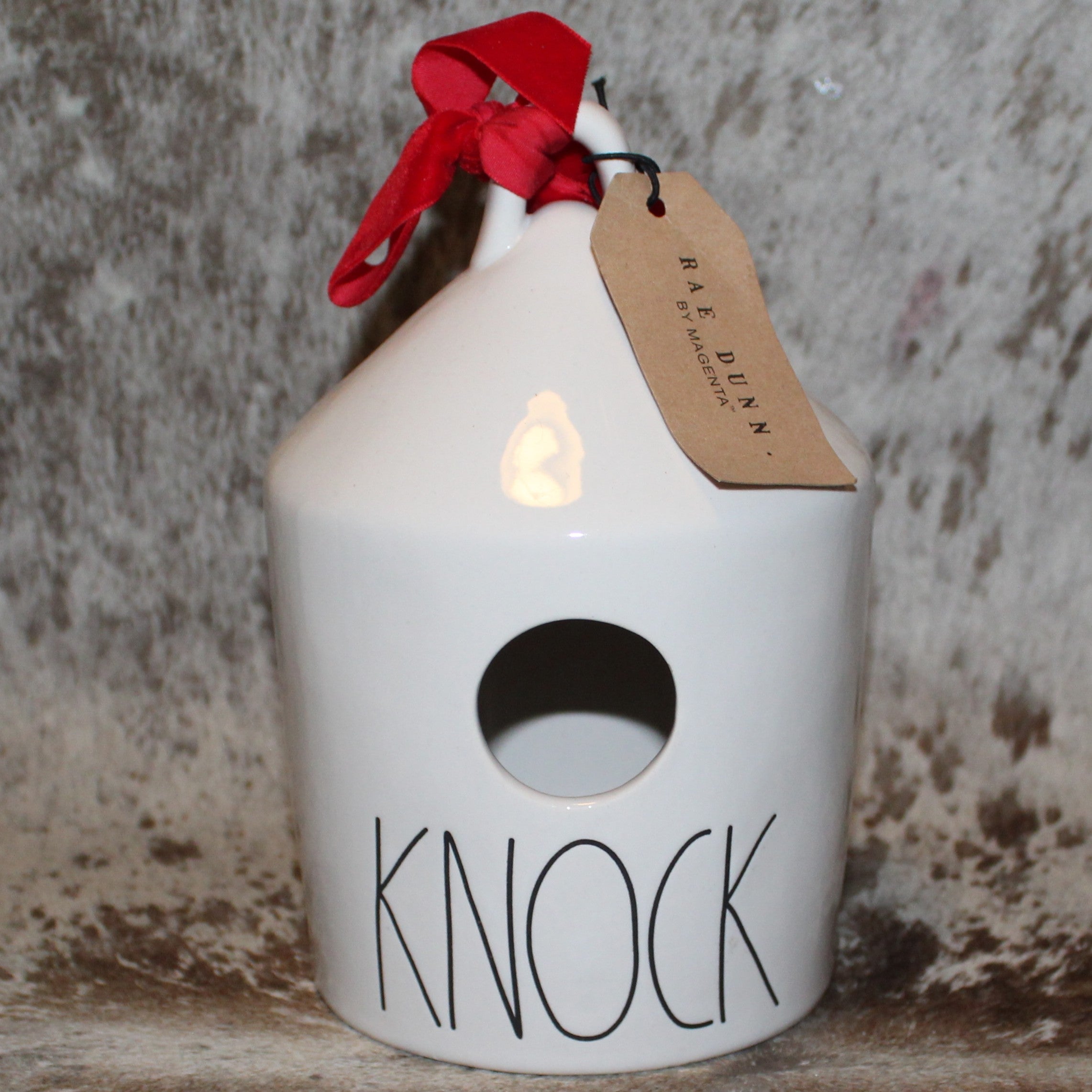 Rae Dunn KNOCK White Birdhouse With Bird on Tree Limb on Back