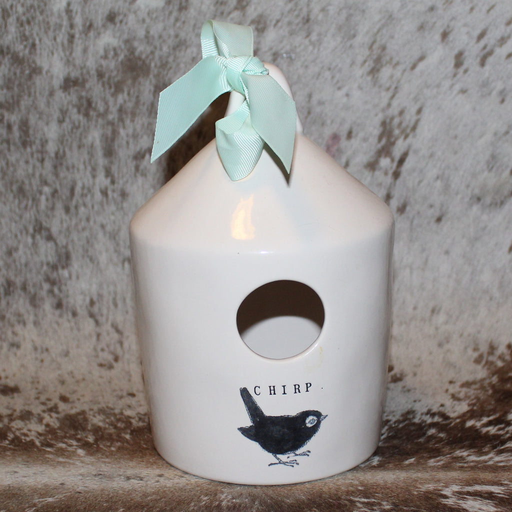Rae Dunn CHIRP White Birdhouse with Bird on Front and Bird on Gray Leaves Limb on Back - OG