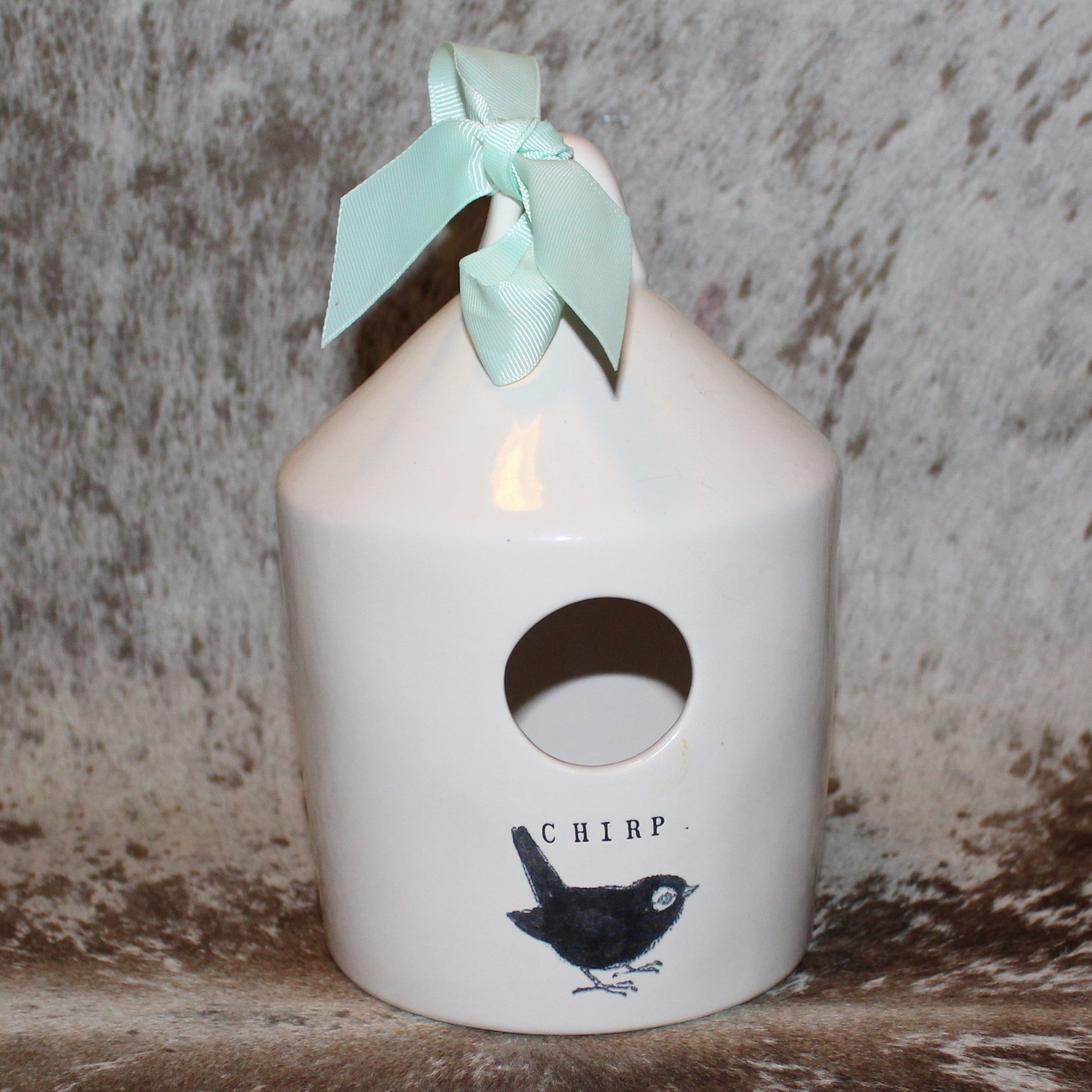 Rae Dunn CHIRP White Birdhouse with Bird on Front and Bird on Gray Leaves Limb on Back - OG