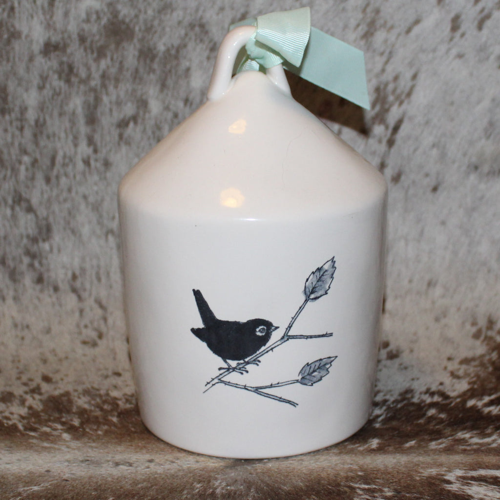 Rae Dunn CHIRP White Birdhouse with Bird on Front and Bird on Gray Leaves Limb on Back - OG
