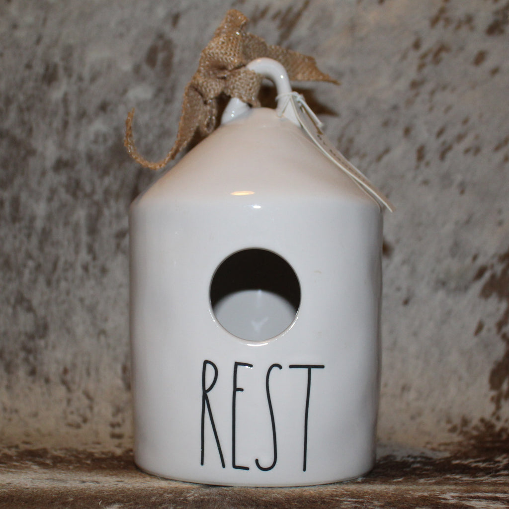 Rae Dunn REST White Birdhouse with 2 Baby Birds on Branch