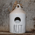 Rae Dunn REST White Birdhouse with 2 Baby Birds on Branch