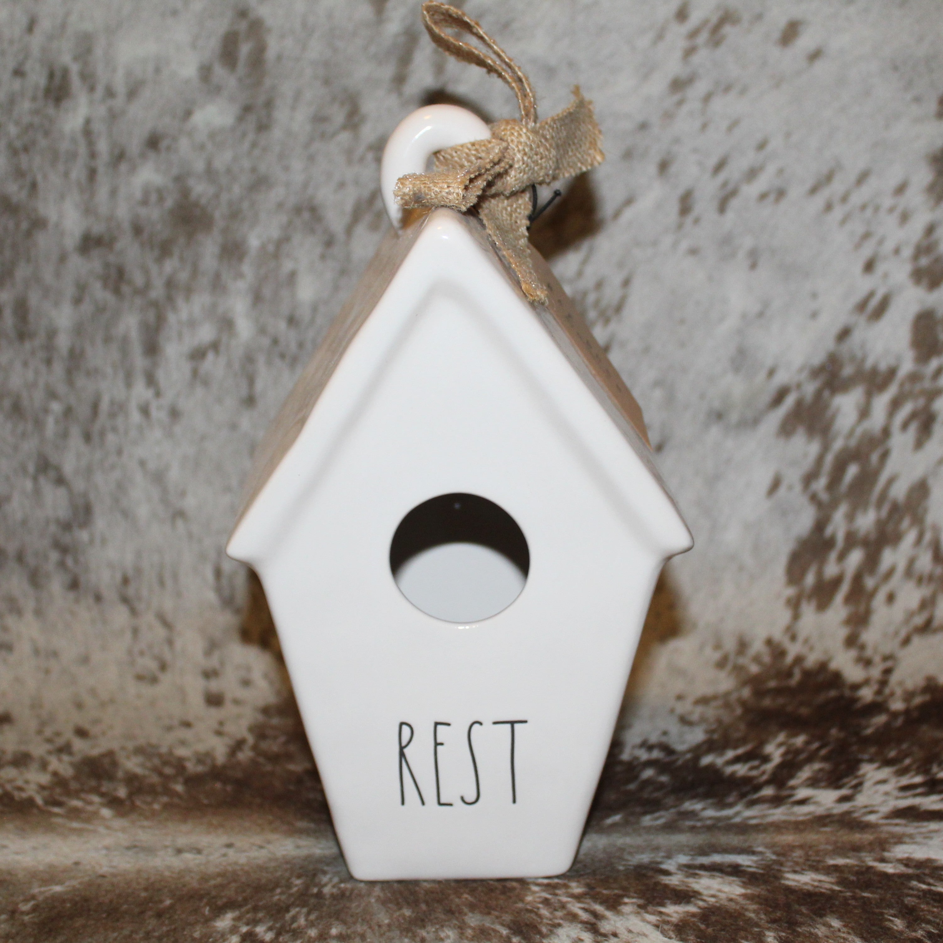 Rae Dunn REST White Birdhouse  with Eggs in Nest on Back
