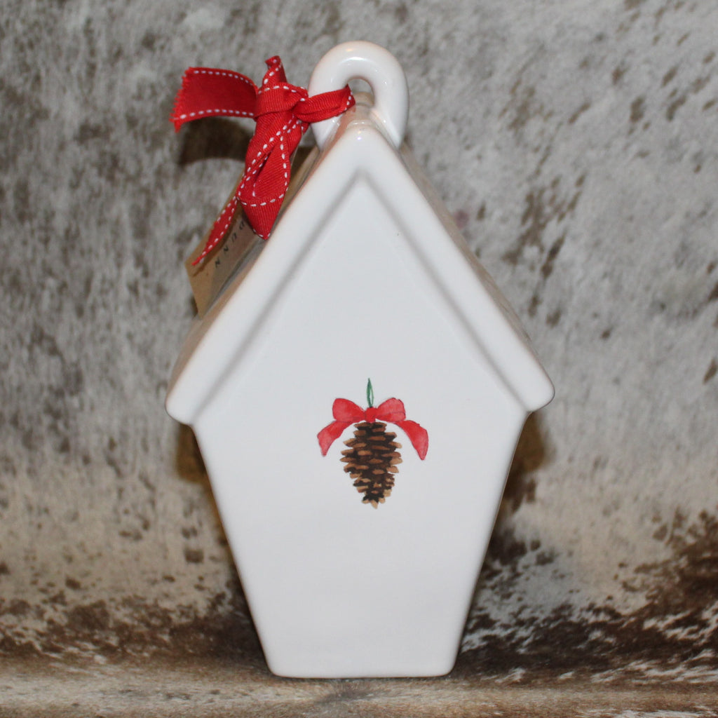 Rae Dunn HOME White Birdhouse with Pinecone and Bow on Back