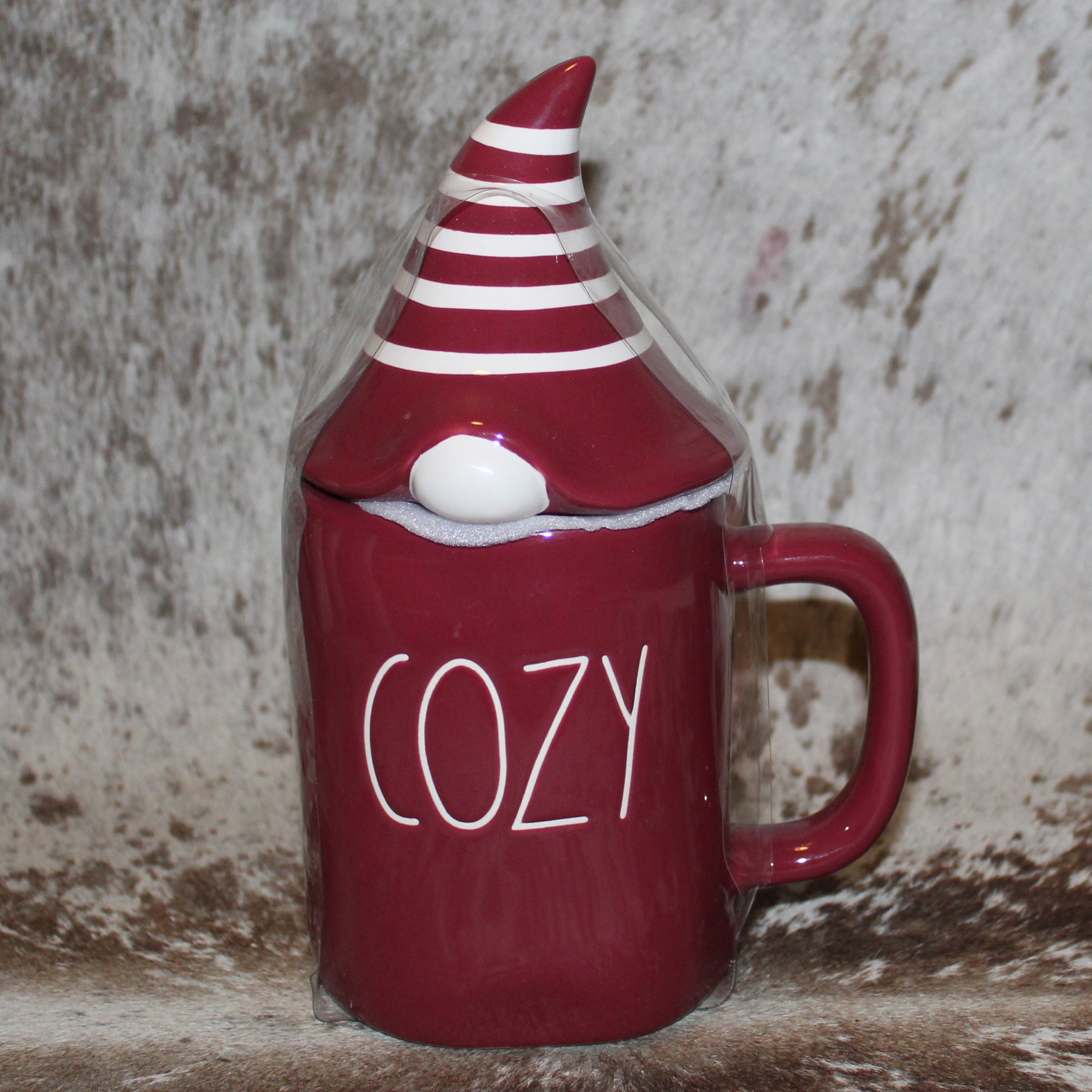 Rae Dunn COZY Maroon Mug With Gnome Hat Topper