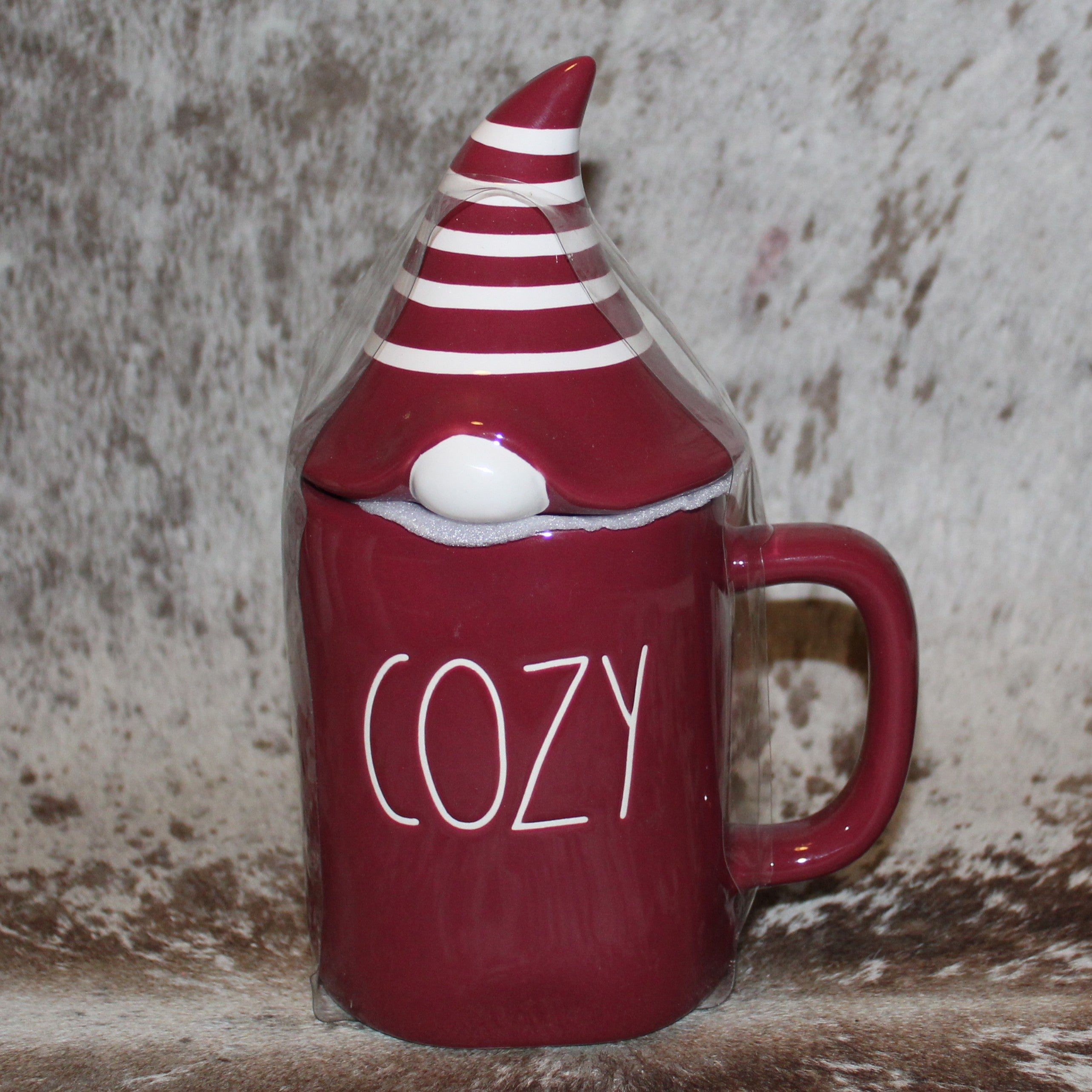 Rae Dunn COZY Maroon Mug With Gnome Hat Topper