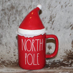 Rae Dunn NORTH POLE Red Mug with Santa Hat Topper