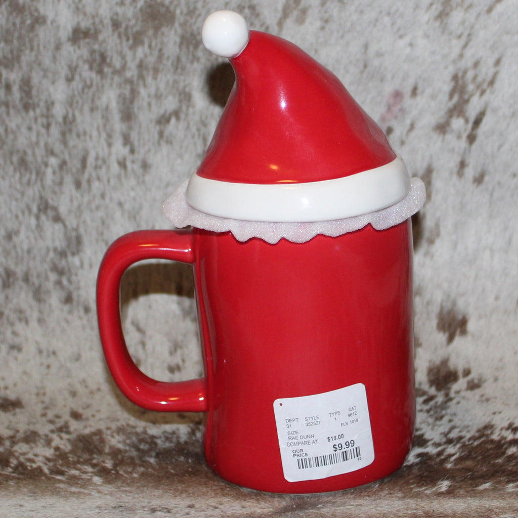 Rae Dunn NORTH POLE Red Mug with Santa Hat Topper