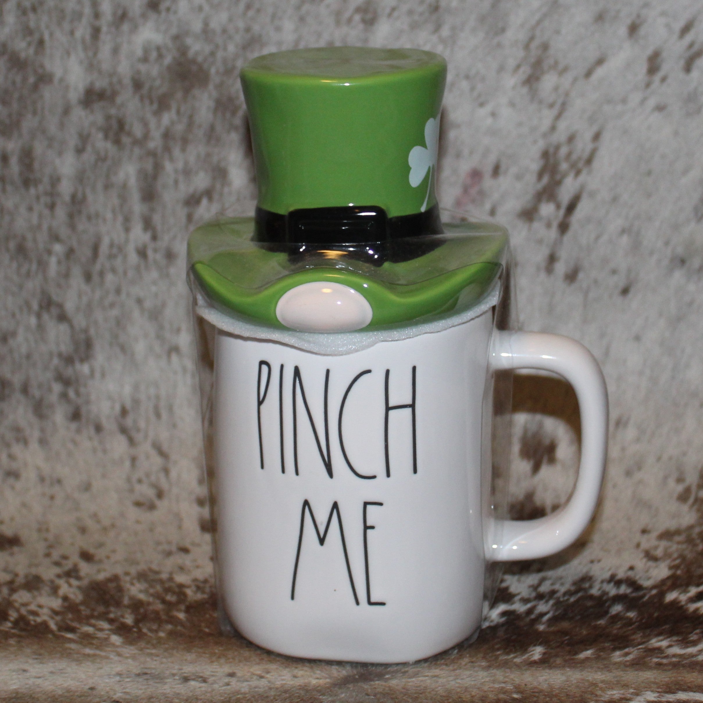 Rae Dunn PINCH ME White Mug With Irish Hat Topper