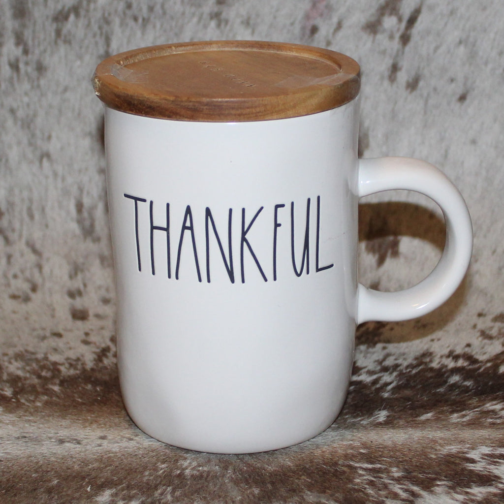 Rae Dunn THANKFUL White Mug With Wood Cellar Topper
